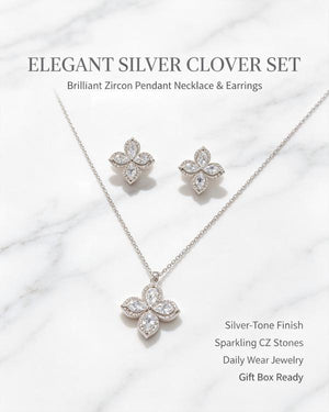 14K Gold Plated Four Leaf Clover CZ Jewelry Set Dainty Sparkling Crystal Pendant Necklace Matching Stud Earrings Luxury Women Wedding Daily Stackable Jewelry Gift For Her
