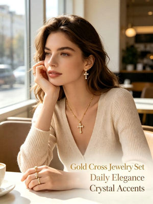 Diamond Cross Jewelry Set, 18K Gold Plated Stainless Steel Cross Necklace Bracelet Earrings Ring Stackable Christian Jewelry Gift for Women