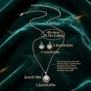 Elegant Round Pearl Zircon Jewelry Set, Silver Matching Necklace & Earrings for Wedding Party