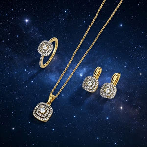 18K Gold Plated Double Halo Square CZ Jewelry Set | Necklace, Earrings & Ring