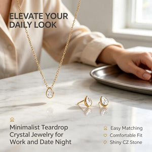 Dainty Teardrop CZ Necklace & Stud Earrings Set 14K Gold Plated Minimal Jewelry For Daily & Wedding