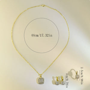 18K Gold Plated Double Halo Square CZ Jewelry Set | Necklace, Earrings & Ring