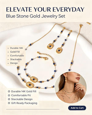 Vintage Radiant Rectangular Lapis Gemstone 3Pcs Jewelry Set, Adjustable Gold Beaded Necklace Bracelet Long Drop Earring Set