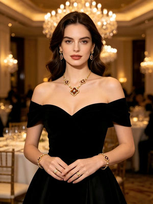14K Gold Plated Tiger Eye Four Leaf Clover Jewelry Set Rhinestone Inlay Matching Necklace Bracelet Stud Earrings Hoop Ring Luxury Vintage Floral Jewellery Gift Set for Women Wedding Party Daily Wear
