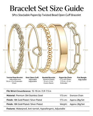 Stainless Steel 5 Pieces Layering Bracelet Set, Twisted Rope, Knot, Bead & Paperclip Chain Stackable Bangles, 18K Gold Plated Waterproof Jewelry Gift for Her