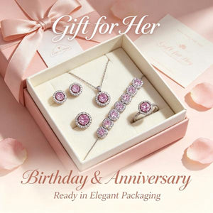 4 Piece Pink Cubic Zirconia Halo Jewelry Set for Women | Silver Tone Pendant Necklace Tennis Bracelet Stud Earrings Promise Ring | Birthday Anniversary Bridesmaid Gift