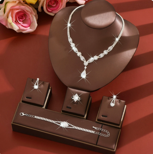 Teardrop Cubic Zirconia Bridal Jewelry Set 5Pcs Wedding Necklace Earrings Ring Bracelet for Bride Prom Party
