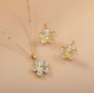 14K Gold Plated Dainty Cubic Zirconia Jewelry Sets | Necklace & Stud Earrings Matching Sets for Women Everyday Wear & Gifting