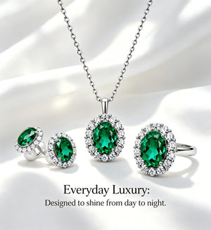 Old Money Style Emerald Halo Necklace Earrings Ring Jewelry Kit