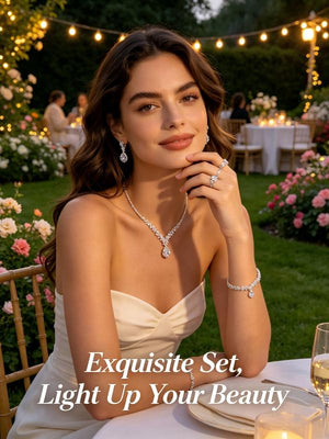4-Piece Teardrop Cubic Zirconia Bridal Jewelry Set | Silver Tone Wedding Prom Formal Accessories