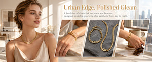 2 Piece Cuban Link Necklace Bracelet Set with Double D Clasp, 14K Gold Plated Stainless Steel Hypoallergenic Matching Jewelry Set for Women