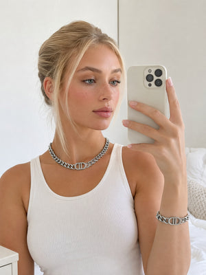 2 Piece Cuban Link Necklace Bracelet Set with Double D Clasp, 14K Gold Plated Stainless Steel Hypoallergenic Matching Jewelry Set for Women