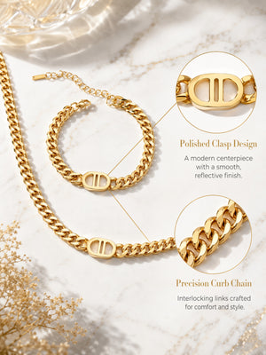 2 Piece Cuban Link Necklace Bracelet Set with Double D Clasp, 14K Gold Plated Stainless Steel Hypoallergenic Matching Jewelry Set for Women