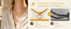 Heart Mother of Pearl Herringbone Jewelry Set, 14K Gold Plated Stainless Steel Necklace & Drop Earrings Matching Set, Hypoallergenic Vintage Gift for Women