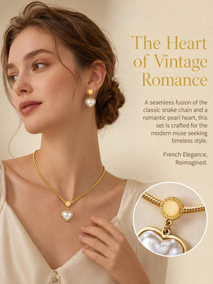 Heart Mother of Pearl Herringbone Jewelry Set, 14K Gold Plated Stainless Steel Necklace & Drop Earrings Matching Set, Hypoallergenic Vintage Gift for Women