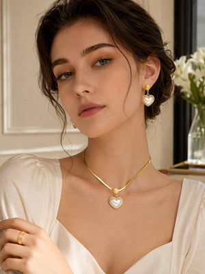 Heart Mother of Pearl Herringbone Jewelry Set, 14K Gold Plated Stainless Steel Necklace & Drop Earrings Matching Set, Hypoallergenic Vintage Gift for Women