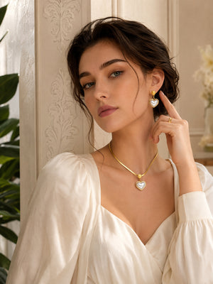 Heart Mother of Pearl Herringbone Jewelry Set, 14K Gold Plated Stainless Steel Necklace & Drop Earrings Matching Set, Hypoallergenic Vintage Gift for Women