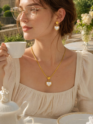 Heart Mother of Pearl Herringbone Jewelry Set, 14K Gold Plated Stainless Steel Necklace & Drop Earrings Matching Set, Hypoallergenic Vintage Gift for Women