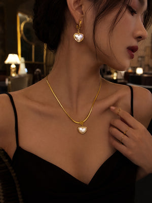 Heart Mother of Pearl Herringbone Jewelry Set, 14K Gold Plated Stainless Steel Necklace & Drop Earrings Matching Set, Hypoallergenic Vintage Gift for Women