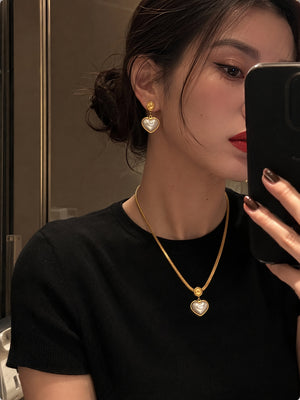 Heart Mother of Pearl Herringbone Jewelry Set, 14K Gold Plated Stainless Steel Necklace & Drop Earrings Matching Set, Hypoallergenic Vintage Gift for Women