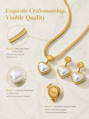 Heart Mother of Pearl Herringbone Jewelry Set, 14K Gold Plated Stainless Steel Necklace & Drop Earrings Matching Set, Hypoallergenic Vintage Gift for Women