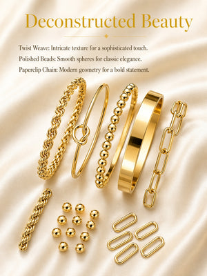 Stainless Steel 5 Pieces Layering Bracelet Set, Twisted Rope, Knot, Bead & Paperclip Chain Stackable Bangles, 18K Gold Plated Waterproof Jewelry Gift for Her