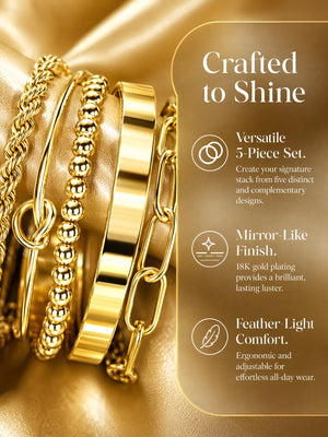Stainless Steel 5 Pieces Layering Bracelet Set, Twisted Rope, Knot, Bead & Paperclip Chain Stackable Bangles, 18K Gold Plated Waterproof Jewelry Gift for Her