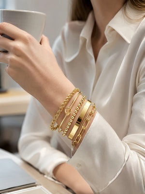 Stainless Steel 5 Pieces Layering Bracelet Set, Twisted Rope, Knot, Bead & Paperclip Chain Stackable Bangles, 18K Gold Plated Waterproof Jewelry Gift for Her