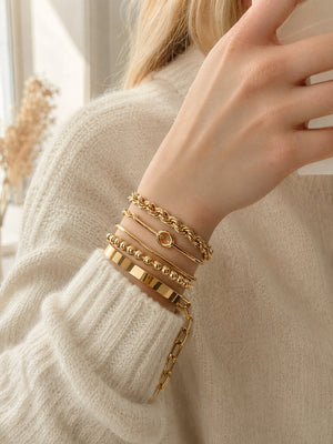 Stainless Steel 5 Pieces Layering Bracelet Set, Twisted Rope, Knot, Bead & Paperclip Chain Stackable Bangles, 18K Gold Plated Waterproof Jewelry Gift for Her