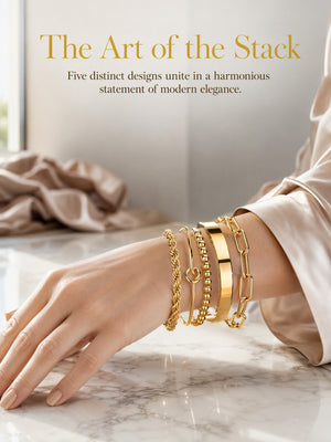 Stainless Steel 5 Pieces Layering Bracelet Set, Twisted Rope, Knot, Bead & Paperclip Chain Stackable Bangles, 18K Gold Plated Waterproof Jewelry Gift for Her