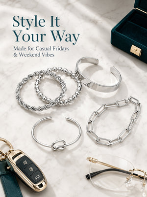 Stainless Steel 5 Pieces Layering Bracelet Set, Twisted Rope, Knot, Bead & Paperclip Chain Stackable Bangles, 18K Gold Plated Waterproof Jewelry Gift for Her