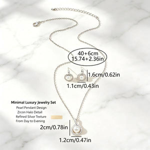 Elegant Round Pearl Zircon Jewelry Set, Silver Matching Necklace & Earrings for Wedding Party