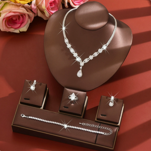 Teardrop Cubic Zirconia Bridal Jewelry Set 5Pcs Wedding Necklace Earrings Ring Bracelet for Bride Prom Party