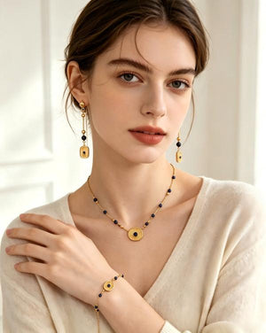 Vintage Radiant Rectangular Lapis Gemstone 3Pcs Jewelry Set, Adjustable Gold Beaded Necklace Bracelet Long Drop Earring Set