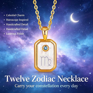 S925 Sterling Silver Gold-Plated Twelve Constellation Mother-of-Pearl Necklace | Dainty Zodiac Pendant with Blue Zircon