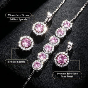4 Piece Pink Cubic Zirconia Halo Jewelry Set for Women | Silver Tone Pendant Necklace Tennis Bracelet Stud Earrings Promise Ring | Birthday Anniversary Bridesmaid Gift