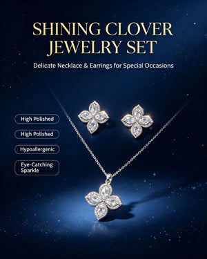 14K Gold Plated Four Leaf Clover CZ Jewelry Set Dainty Sparkling Crystal Pendant Necklace Matching Stud Earrings Luxury Women Wedding Daily Stackable Jewelry Gift For Her