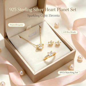 3Pcs Heart Planet 925 Sterling Silver Jewelry Set, Heart Saturn CZ Necklace Stud Earrings Adjustable Open Ring Gift For Women