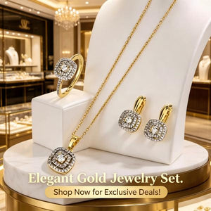 18K Gold Plated Double Halo Square CZ Jewelry Set | Necklace, Earrings & Ring
