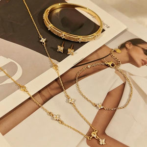 18K Gold Plated Clover CZ 4-Piece Jewelry Set | Waterproof Hypoallergenic Surgical Steel