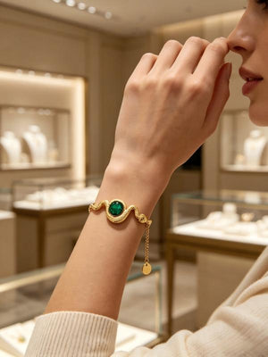 European and American style 14k gold plated necklace and bracelet set, versatile, light luxury polished chain, high-end emerald bracelet