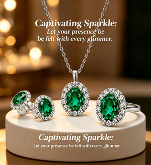 Old Money Style Emerald Halo Necklace Earrings Ring Jewelry Kit