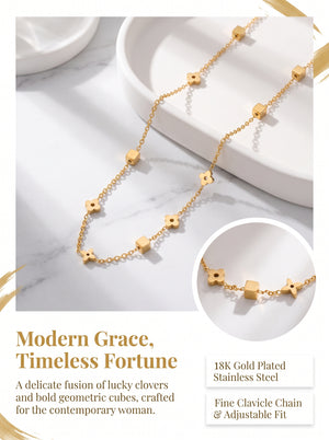 Dainty Four-Petal Flower & Cube Jewelry Set, 316L Stainless Steel PVD 18K Gold Plated Matching Necklace & Bracelet, Minimalist Layering Jewelry for Women, Available in Gold & Silver Tone