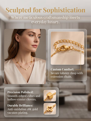 Dainty Four-Petal Flower & Cube Jewelry Set, 316L Stainless Steel PVD 18K Gold Plated Matching Necklace & Bracelet, Minimalist Layering Jewelry for Women, Available in Gold & Silver Tone