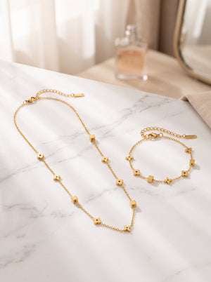 Dainty Four-Petal Flower & Cube Jewelry Set, 316L Stainless Steel PVD 18K Gold Plated Matching Necklace & Bracelet, Minimalist Layering Jewelry for Women, Available in Gold & Silver Tone