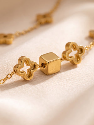 Dainty Four-Petal Flower & Cube Jewelry Set, 316L Stainless Steel PVD 18K Gold Plated Matching Necklace & Bracelet, Minimalist Layering Jewelry for Women, Available in Gold & Silver Tone