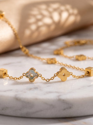 Dainty Four-Petal Flower & Cube Jewelry Set, 316L Stainless Steel PVD 18K Gold Plated Matching Necklace & Bracelet, Minimalist Layering Jewelry for Women, Available in Gold & Silver Tone