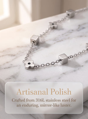 Dainty Four-Petal Flower & Cube Jewelry Set, 316L Stainless Steel PVD 18K Gold Plated Matching Necklace & Bracelet, Minimalist Layering Jewelry for Women, Available in Gold & Silver Tone