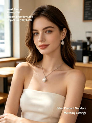 Elegant Round Pearl Zircon Jewelry Set, Silver Matching Necklace & Earrings for Wedding Party