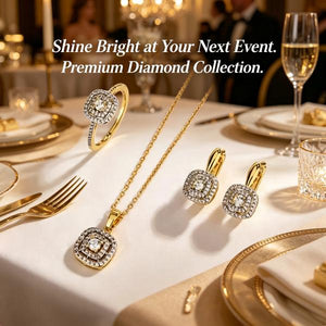 18K Gold Plated Double Halo Square CZ Jewelry Set | Necklace, Earrings & Ring